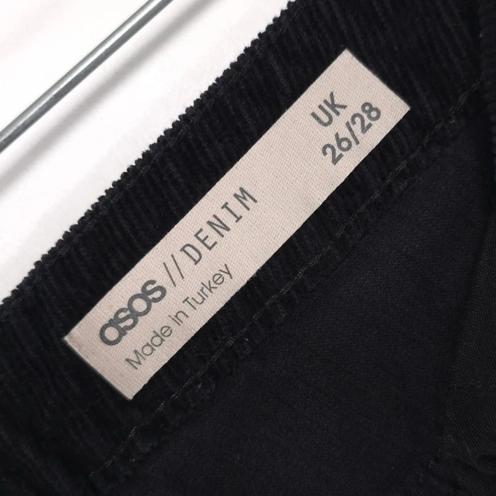 asos Black Corduroy Flare Pants 26/28 Straight Bootcut Jeans Cotton Turkey Crop - Picture 2 of 13